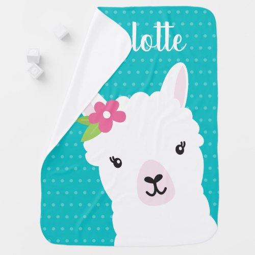 Floral Llama Alpaca Teal Personalized Girl Baby Blanket