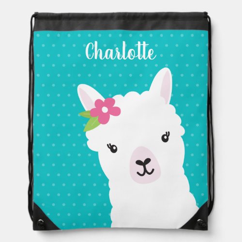 Floral Llama Alpaca Teal Personalized Girl Drawstring Bag