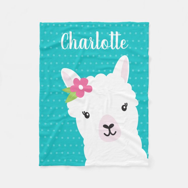 Floral Llama Alpaca Teal Personalized Girl Fleece Blanket (Front)