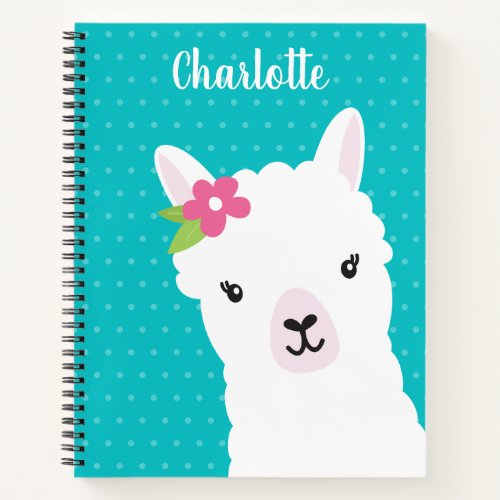 Floral Llama Alpaca Teal Personalized Girl Notebook