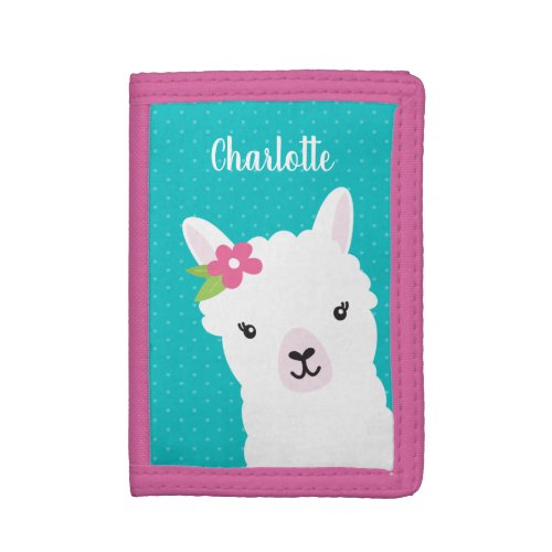 Floral Llama Alpaca Teal Personalized Girls Trifold Wallet