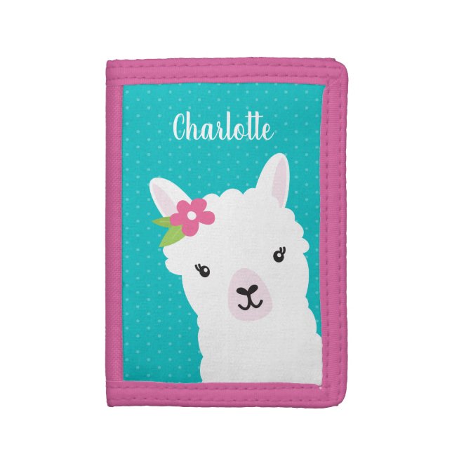 Floral Llama Alpaca Teal Personalized Girls Trifold Wallet (Front Vertical)