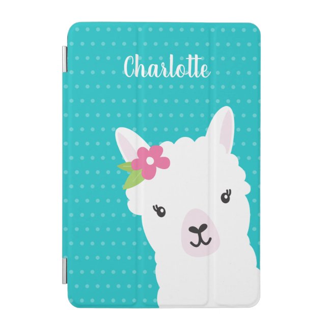 Floral Llama Alpaca Teal Personalized Kids iPad Mini Cover (Front)