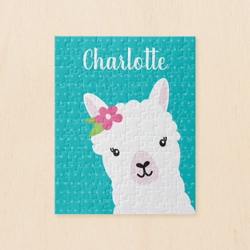 Floral Llama Alpaca Teal Personalized Kids Jigsaw Puzzle