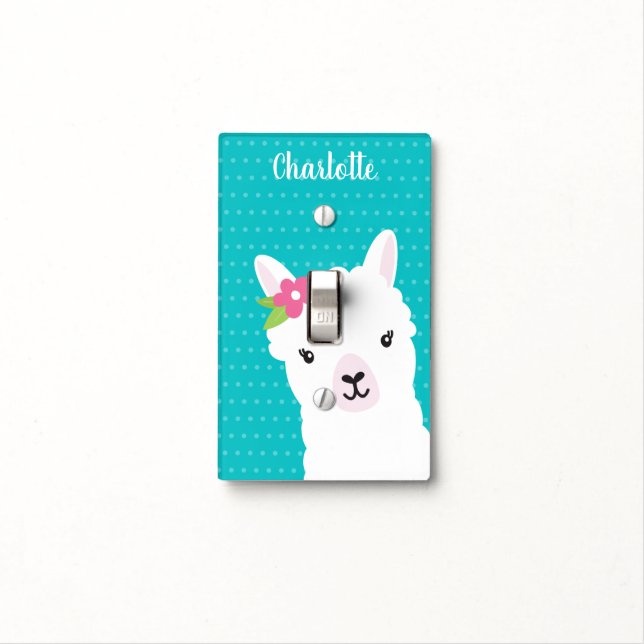Floral Llama Alpaca Teal Personalized Kids Light Switch Cover (In Situ)