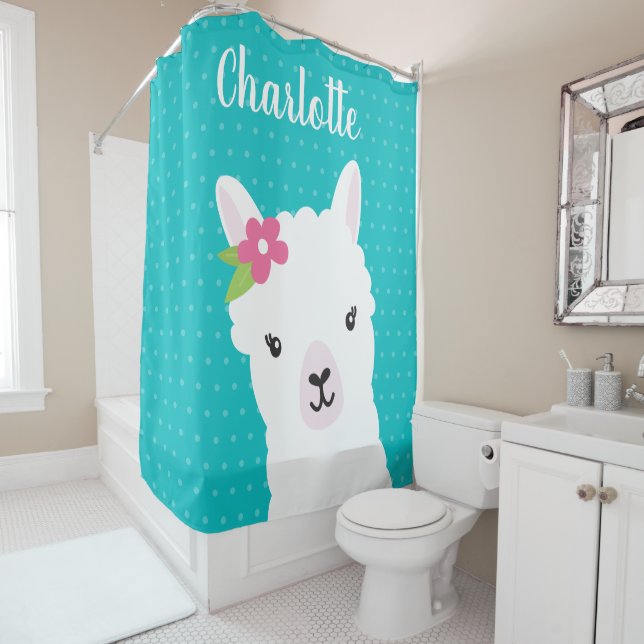 Floral Llama Alpaca Teal Personalized Kids Shower Curtain (In Situ)