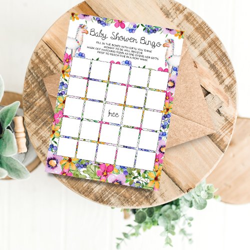 Floral Llama Baby Shower Bingo Game Card