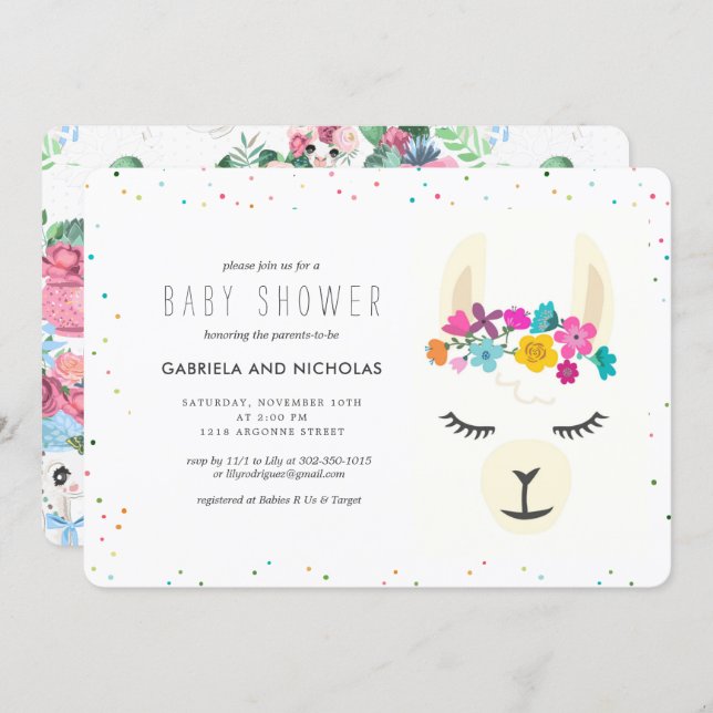 Floral Llama Baby Shower Invitation (Front/Back)