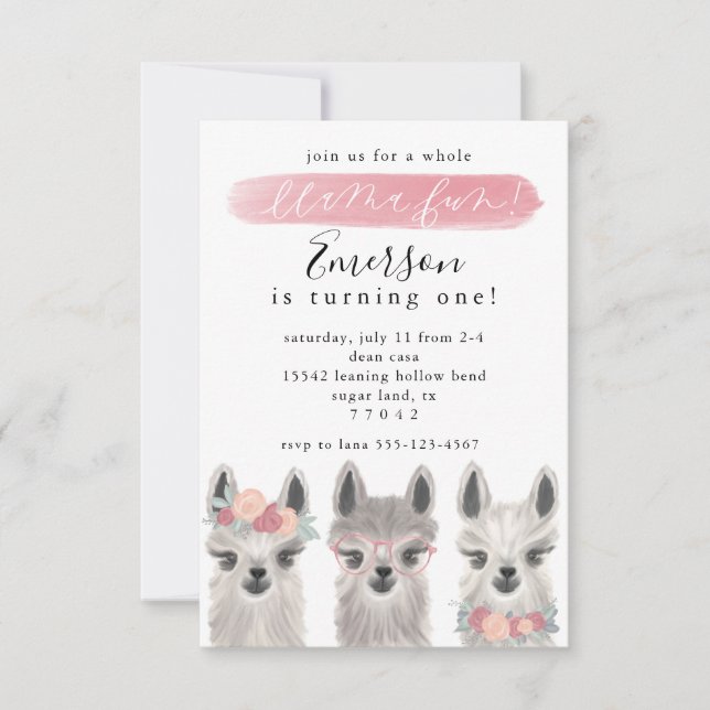 Floral Llama birthday party invitation (Front)