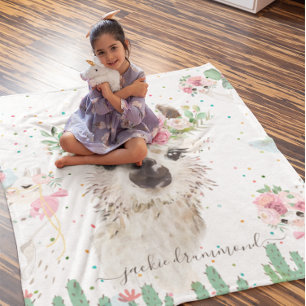 Floral Llama Face Signature Monogram Fleece Blanket