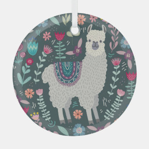 Floral Llama: Vintage Hand-Drawn Doodles Glass Ornament