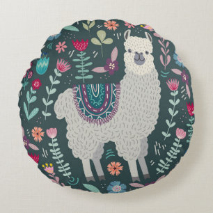 Floral Llama: Vintage Hand-Drawn Doodles Round Pillow