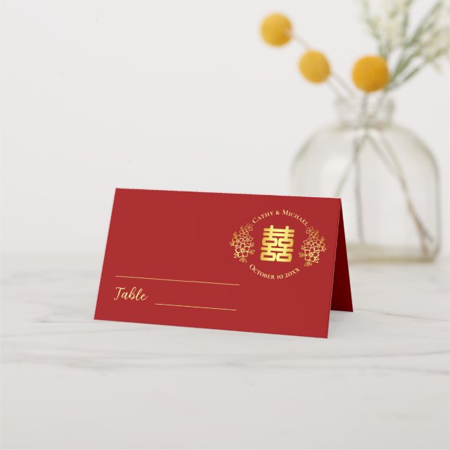 Floral logo chinese wedding double happiness red place card (Front)