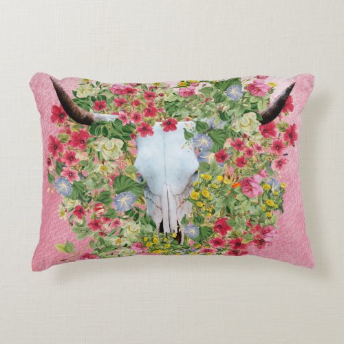 Floral  Longhorn Skull on watercolor background    Accent Pillow