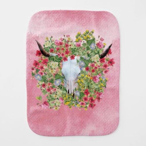 Floral  Longhorn Skull on watercolor background  Baby Burp Cloth