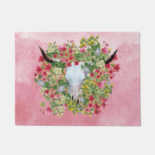 Floral  Longhorn Skull on watercolor background   Doormat