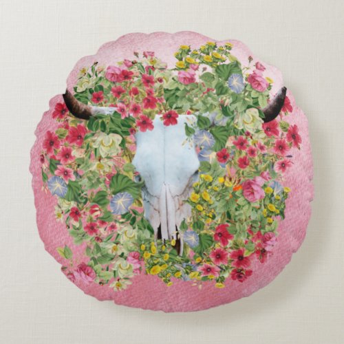 Floral  Longhorn Skull on watercolor background    Round Pillow