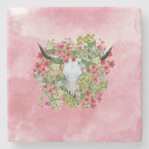 Floral Longhorn Skull on watercolor background Stone Coaster