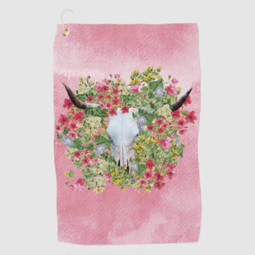 Floral Longhorn Skull on watercolor  Golf Towel