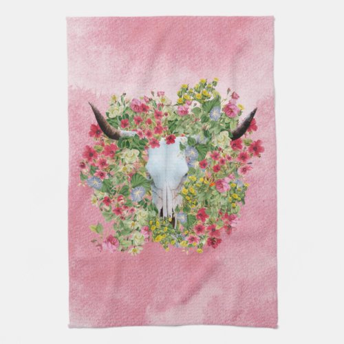 Floral Longhorn Skull on watercolor   Kitchen Towel