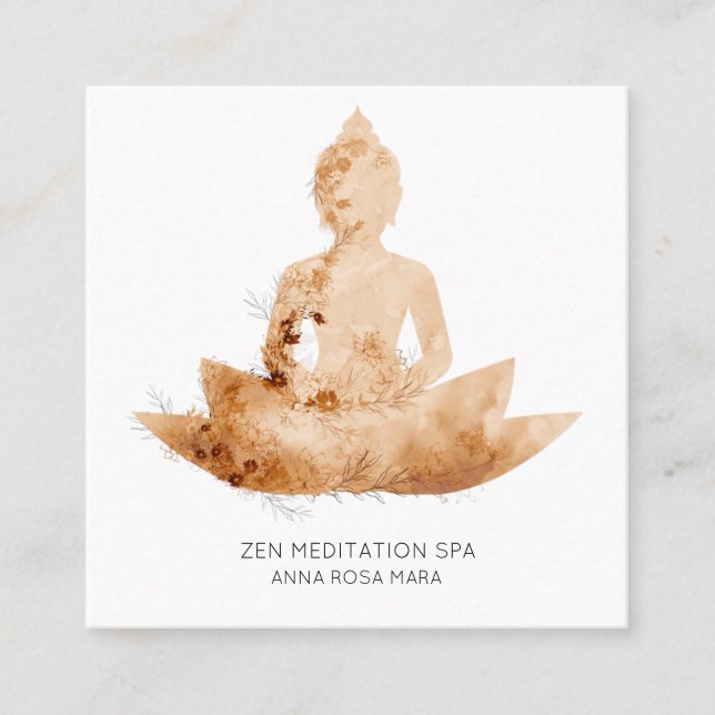 *~* Floral Lotus Buddha Meditation QR AP33 Peach Square Business Card (Front)