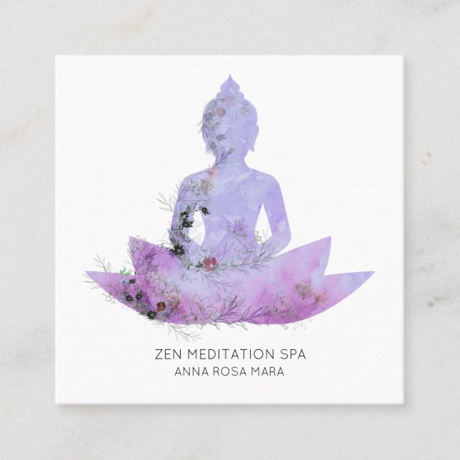 *~* Floral Lotus Buddha Meditation QR  AP33 Purple Square Business Card (Front)