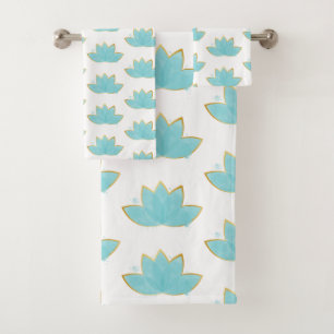 Floral Lotus Watercolor Seafoam Blue & Faux Gold Bath Towel Set