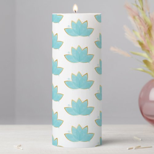 Floral Lotus Watercolor Seafoam Blue  Faux Gold Pillar Candle