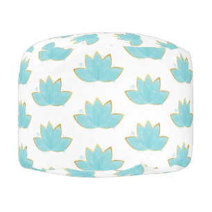 Floral Lotus Watercolor Seafoam Blue & Faux Gold Pouf