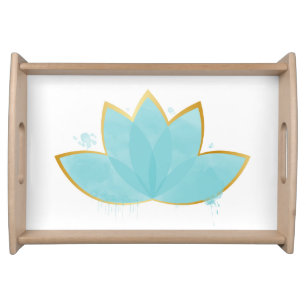 Floral Lotus Watercolor Seafoam Blue & Faux Gold Serving Tray