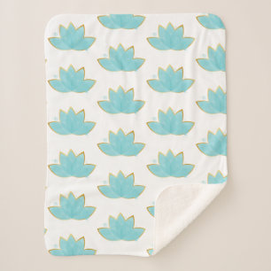 Floral Lotus Watercolor Seafoam Blue & Faux Gold Sherpa Blanket