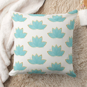Floral Lotus Watercolor Seafoam Blue & Faux Gold Throw Pillow