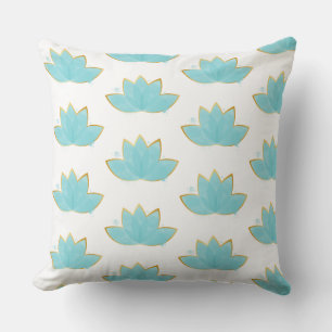 Floral Lotus Watercolor Seafoam Blue & Faux Gold Throw Pillow