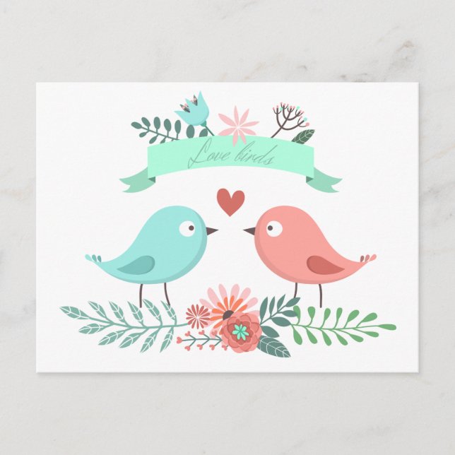 Floral Love Bird Blue And Pink Flower Wedding Postcard (Front)