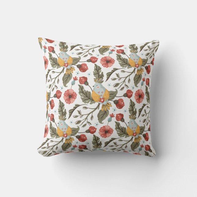 Floral Love Birds Bohemian Pattern Throw Pillow (Front)