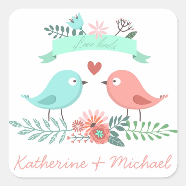 Floral Love Birds Pink & Blue Personalized Wedding Square Sticker (Front)