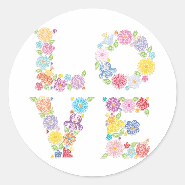 Floral LOVE Classic Round Sticker (Front)