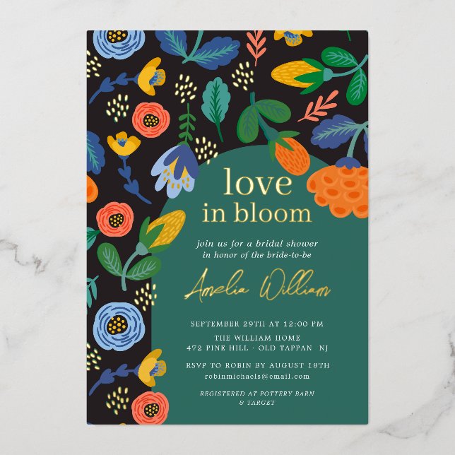 Floral love In Bloom Bridal Shower Foil Invitation (Front)