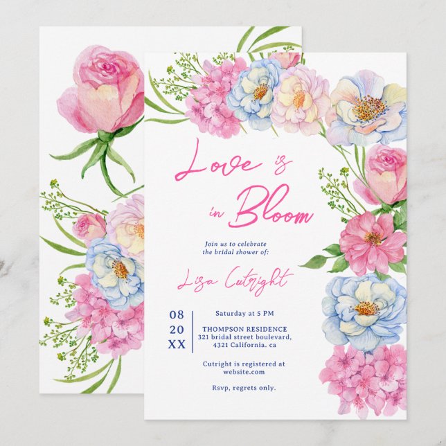 Floral Love in bloom pink summer bridal shower Invitation (Front/Back)