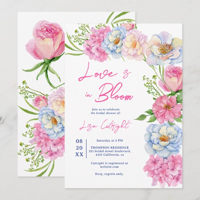 Floral Love in bloom pink summer bridal shower Invitation (Front/Back)