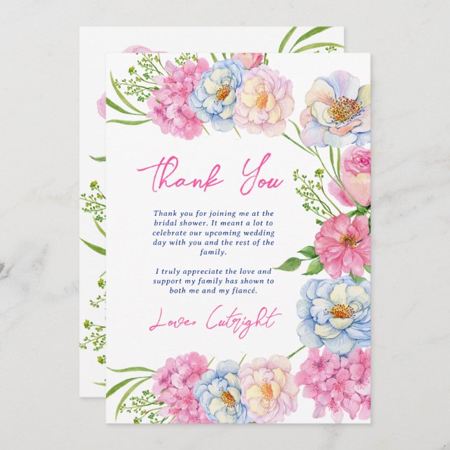 Floral Love in bloom pink summer bridal shower Thank You Card (Front/Back)