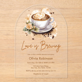 Floral Love is Brewing Brown Coffee Bridal Shower Acrylic Invitations