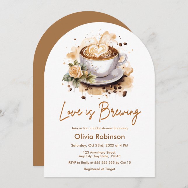 Floral Love is Brewing Brown Coffee Bridal Shower Invitation (Front/Back)