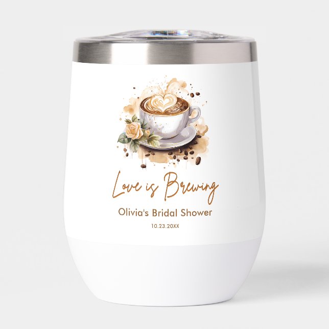 Floral Love is Brewing Brown Coffee Bridal Shower  Thermal Wine Tumbler (Front)