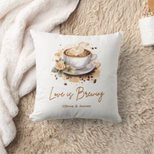 Floral Love is Brewing Brown Coffee Themed Throw Pillow