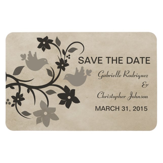 Floral Lovebirds Save the Date Magnet, Gray Magnet (Horizontal)