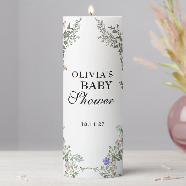 Floral Lush Wildflowers Boho Baby Shower Pillar Candle (In Situ)
