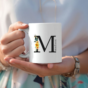 Floral M Monogram Mug with Editable Name