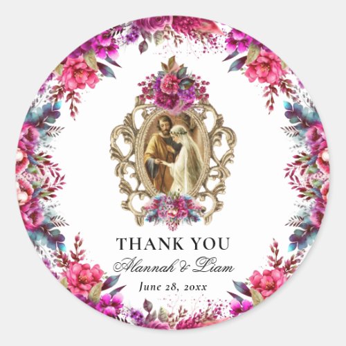Floral Magenta Catholic Wedding Thank You Card Classic Round Sticker