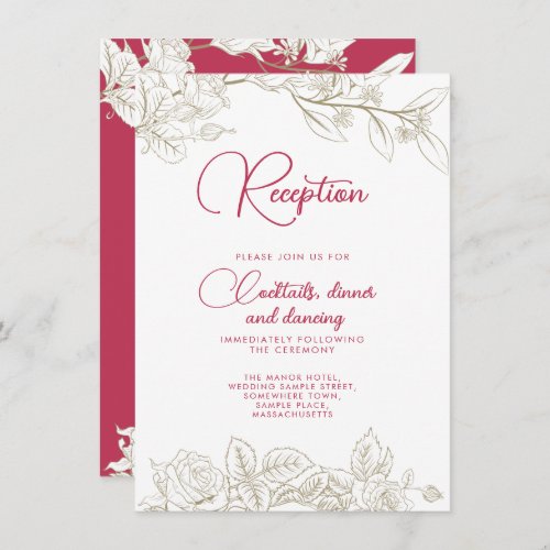 Floral Magenta Pink Gold Wedding Reception Card